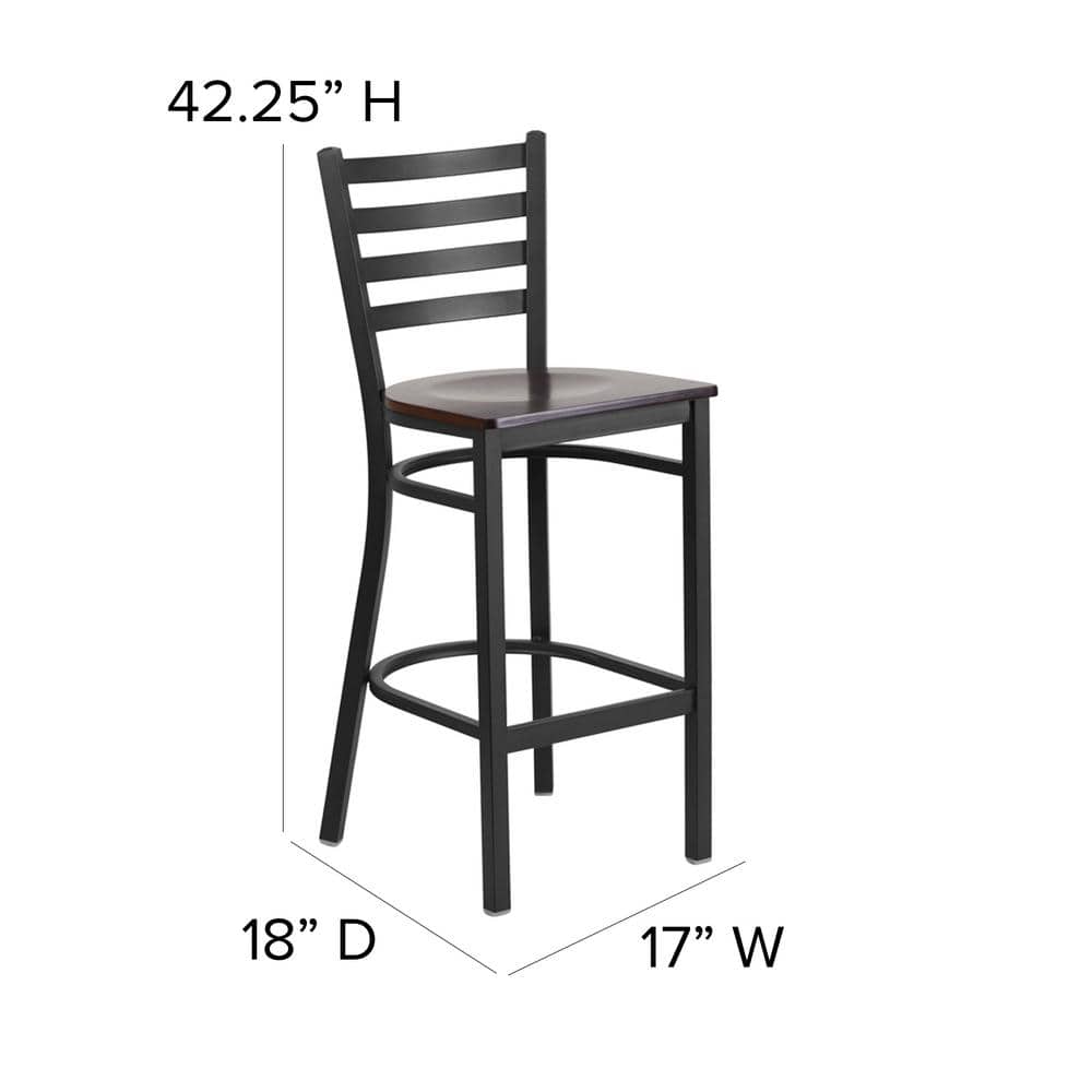 Walnut Wood and Black Metal Ladder Back Barstool