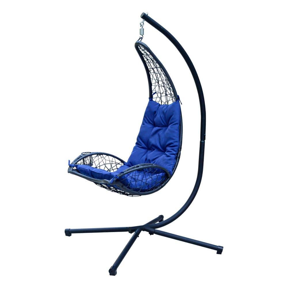 Blue Cushioned Rattan Wicker Hanging Chair with Stand