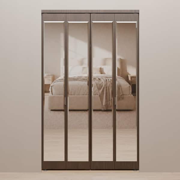 42 in. x 80 in. Mir-Mel Espresso Mirror Solid Core MDF Full-Lite Interior Closet Wood Bi-Fold Door with Matching Trim