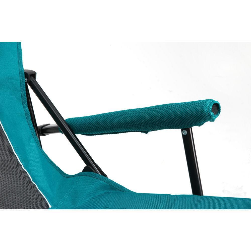 Close-up of a padded lake blue armrest on a black steel frame.
