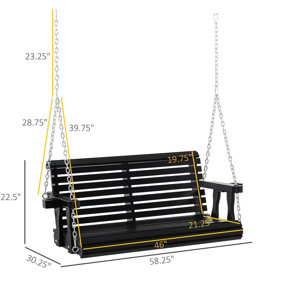 Black Wooden 2-Person Porch Swing with Chains and Cup Holders