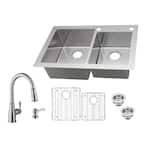 All-in-One Dual Mount 18-Gauge Stainless Steel 33 in. 2-Hole 60/40 Double Bowl Kitchen Sink with Pull-Out Kitchen Faucet