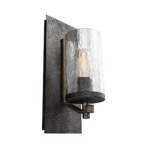 Angelo 5.5 in. W. 1-Light Distressed Weathered Oak and Slated Grey Metal Wall Sconce with Clear Thick Wavy Glass