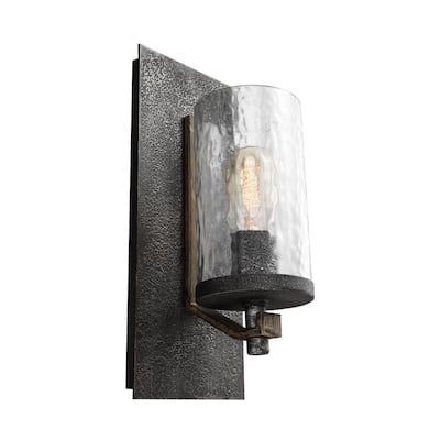 Angelo 5.5 in. W. 1-Light Distressed Weathered Oak and Slated Grey Metal Wall Sconce with Clear Thick Wavy Glass