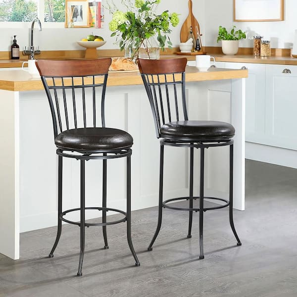Bossa 29 in. Black Metal Swivel Pub Height Chair with Brown Faux Leather Seat