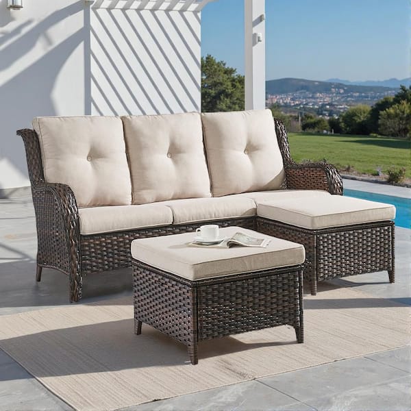 Brown 3-Piece Wicker Outdoor Patio Seating Conversation Set Sectional Sofa and Ottoman with Beige Cushions