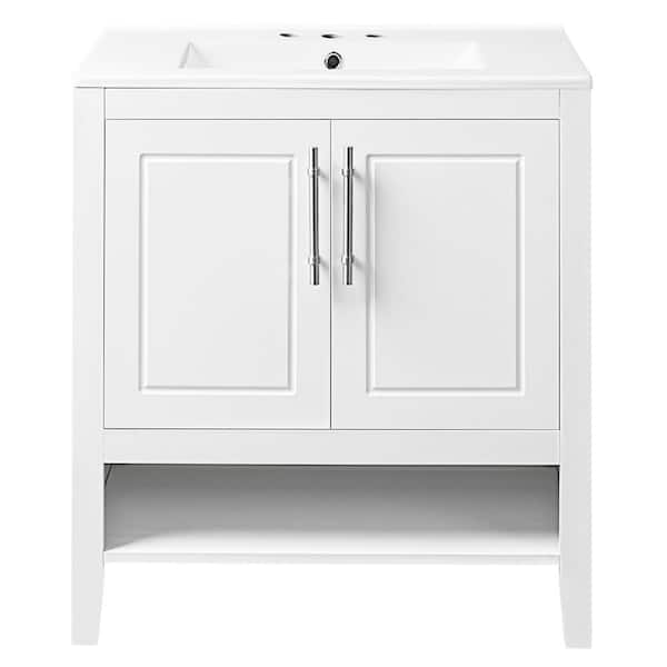 Zeus & Ruta 30 in. W x 18.3 in. D x 33 in. H Freestanding Bath Vanity in White with White Ceramic Top with 2-Sliding Drawers