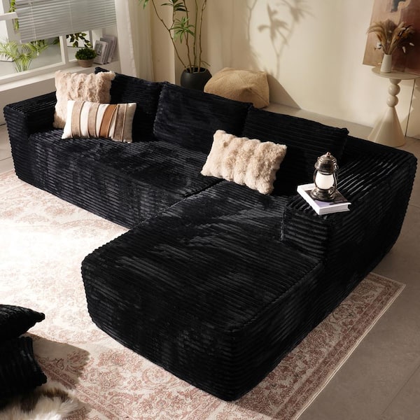 Allwex Verve 106 in. Square Arm 2-Piece Modern Plush Corduroy Fabric L-Shape Modular Sectional Sofa in Black with Right Chaise
