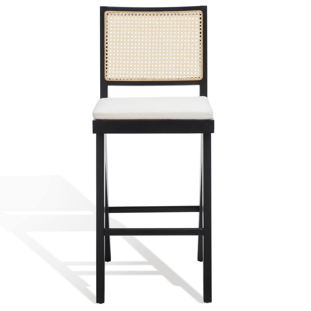 Colette Black and Natural Wood Bar Stool with Rattan Back