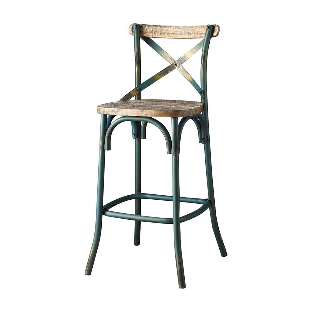 Antique Turquoise & Oak Industrial Metal Bar Chair, 43"