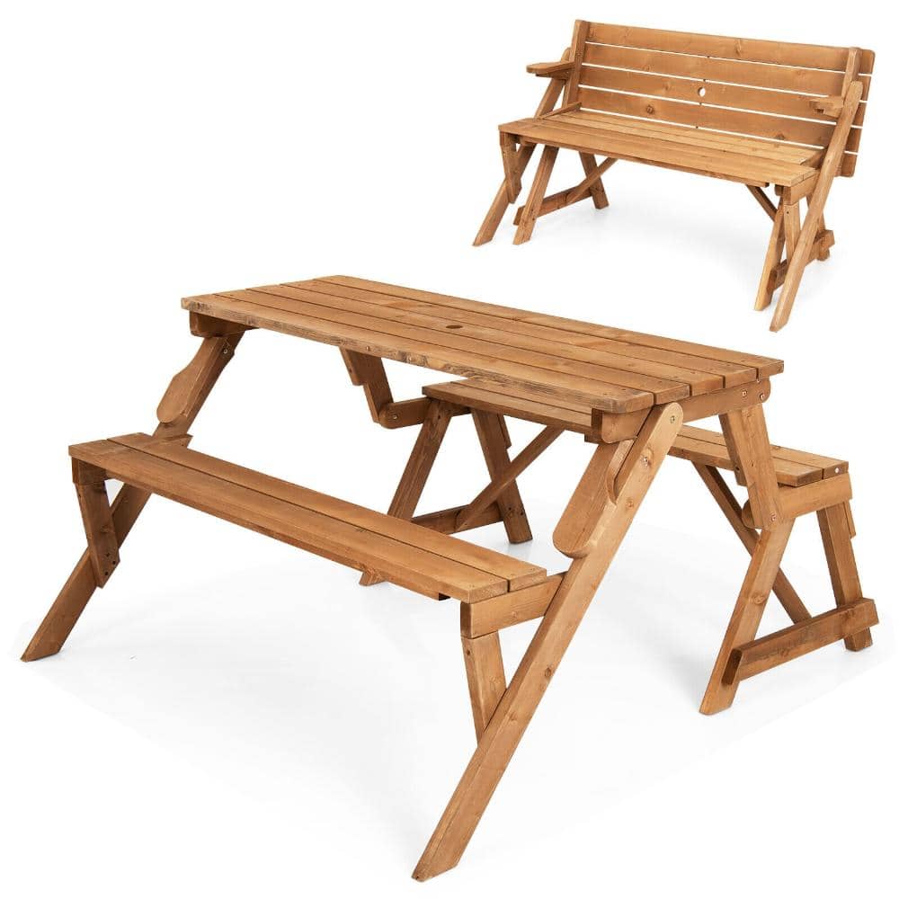 2-in-1 Wooden Picnic Table and Garden Bench with Umbrella Hole for 4 People Dark Brown price history on PriceWatchPro