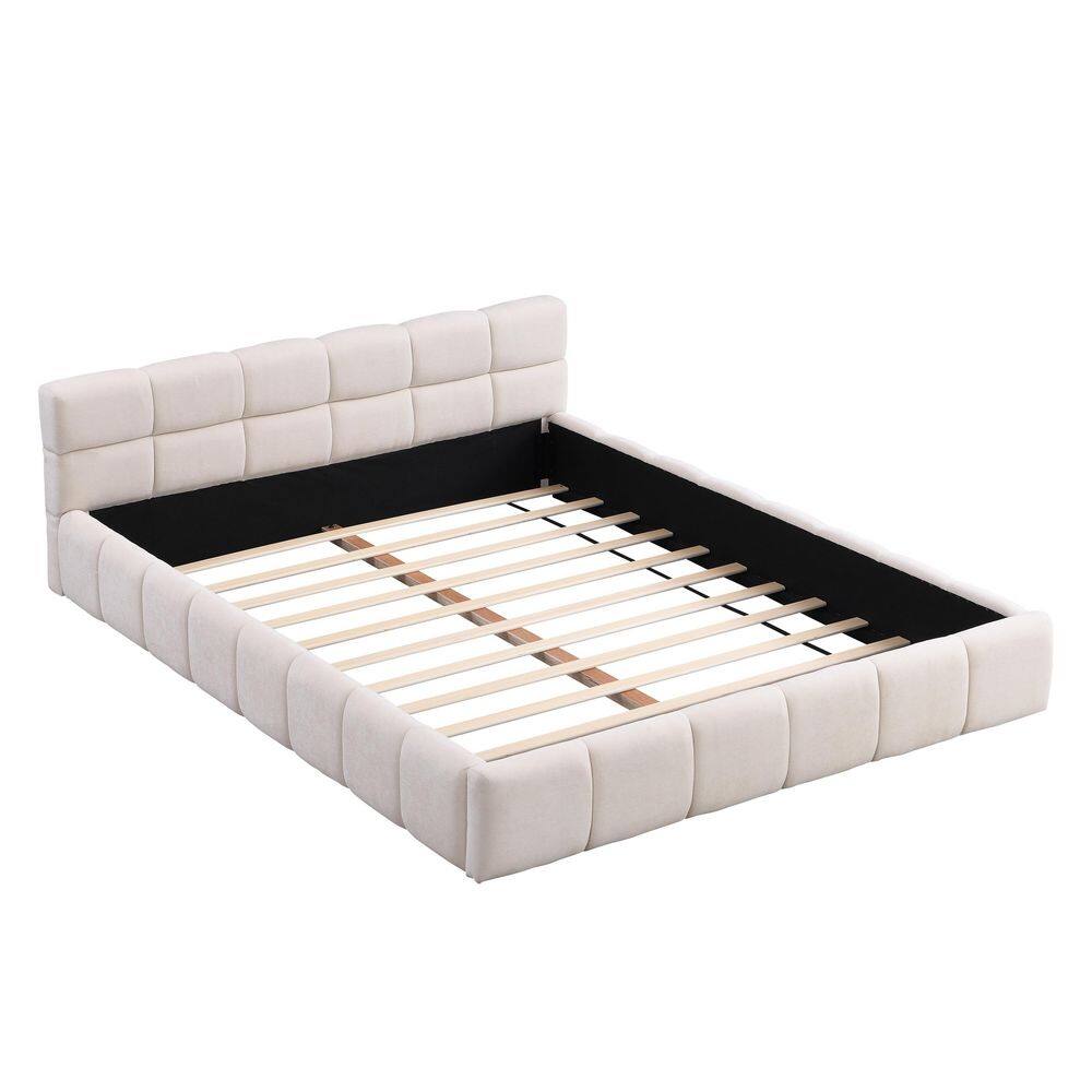 Beige Wood Frame King Size Chenille Upholstered Platform Bed Grounded Bed with Tufted Headboard - thumbnail 3