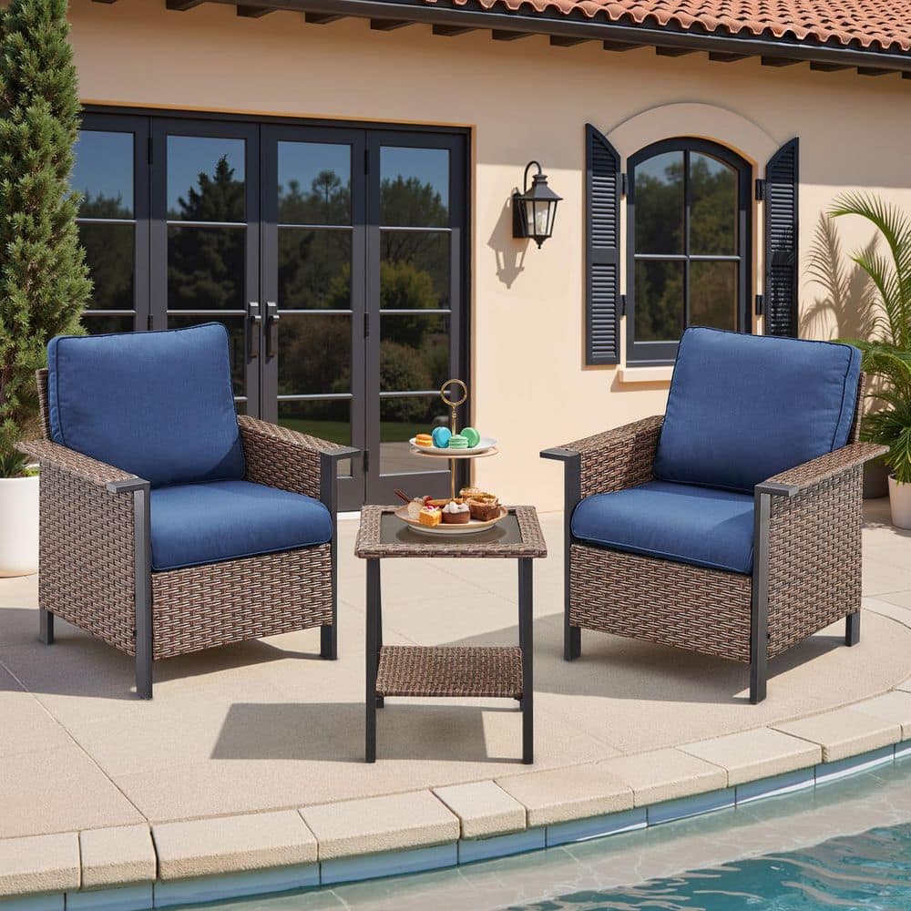 Patio Brown 3-Piece Wicker Outdoor Bistro Set Lounge Chair Set with Side Table with Blue Cushions price history on PriceWatchPro