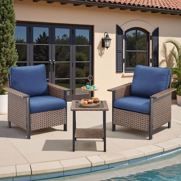 Patio Brown 3-Piece Wicker Outdoor Bistro Set Lounge Chair Set with Side Table with Blue Cushions