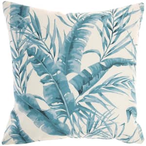 Turquoise Floral 18 in. x 18 in. Indoor/Outdoor Throw Pillow