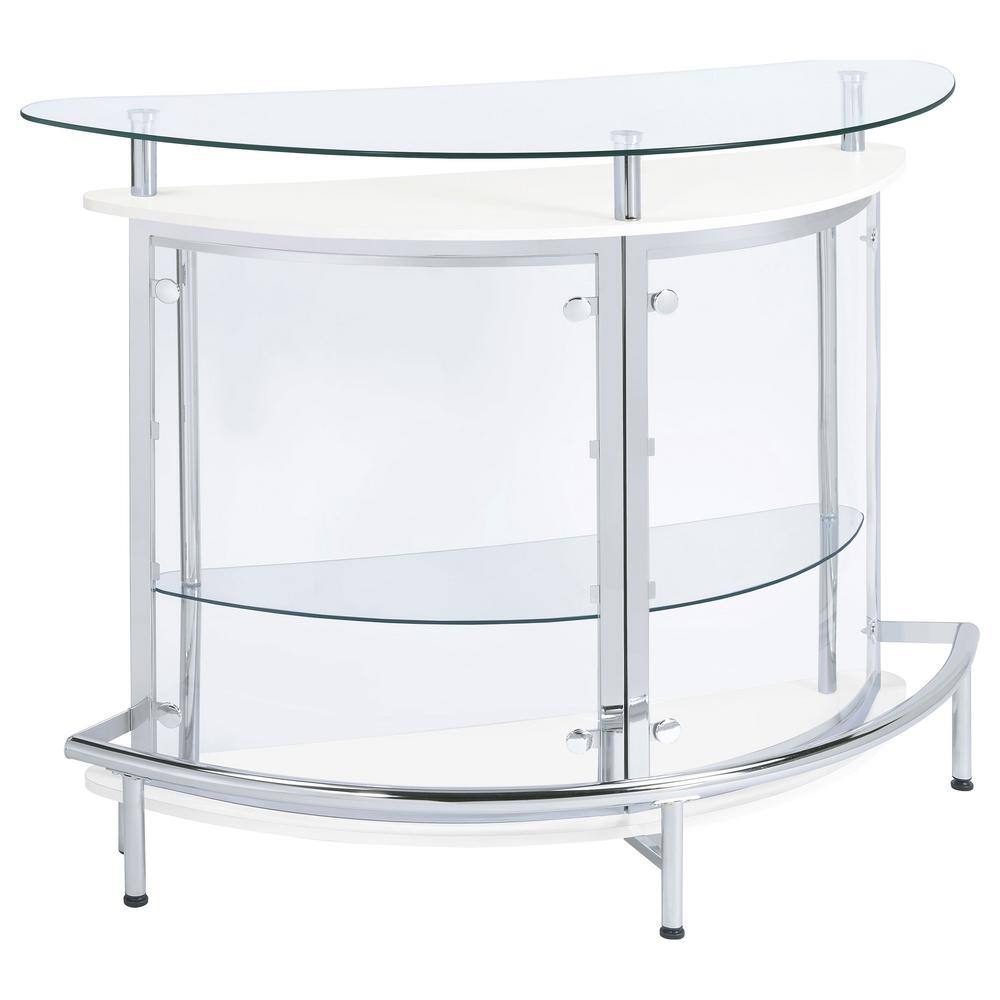 White and Chrome Glass Top Freestanding Home Bar Cabinet