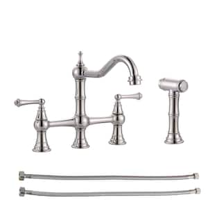 Antique Design Double Handle Bridge Kitchen Faucet with Side Sprayer in Polished Nickel