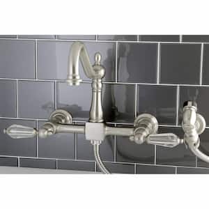 Victorian Crystal 2-Handle Wall-Mount Standard Kitchen Faucet with Side Sprayer in Brushed Nickel