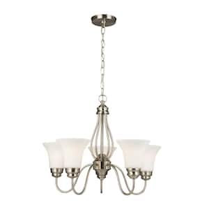 Kensley Park 5-Light Classic Traditional Brushed Nickel Hanging Candlestick Chandelier with Frosted White Shade