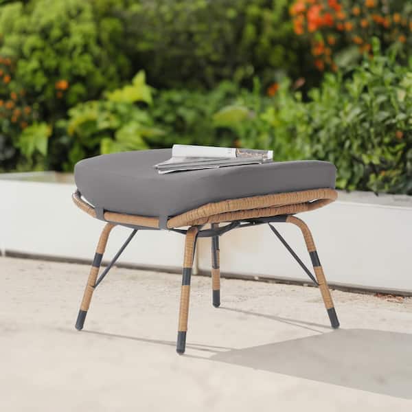 SANSTAR Brown Wicker All Weather Rattan Outdoor Ottoman with Removable Gray Cushions