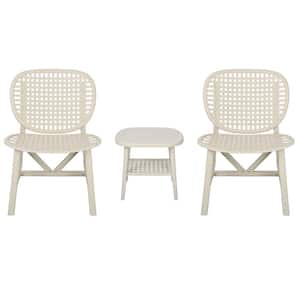White 3-Piece Hollow Design Plastic Patio Rectangle Table and Chair Set All Weather Outdoor Bistro Set Conversation Set