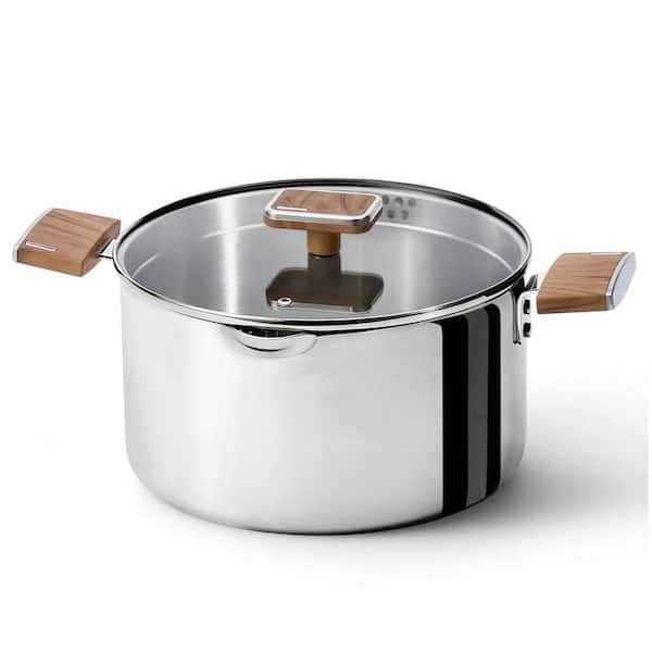 6 qt. Stainless Steel Stock Pot in Silver with Glass Lid, Large Soup Pot with Wood-Grain Handles, Deep Pot for Soup