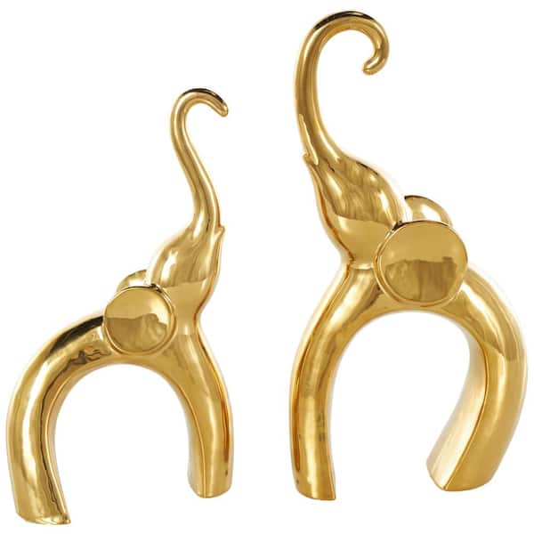 Litton Lane Gold Ceramic Arched Elephant Sculpture (Set of 2)