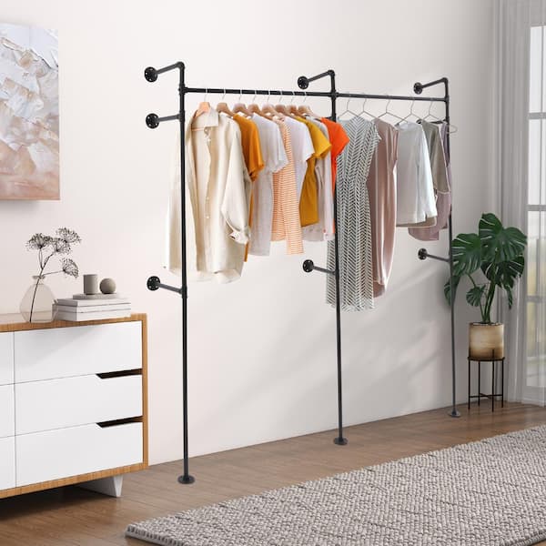 YIYIBYUS Black Metal Iron Pipe Clothes Rack Wall Mounted
