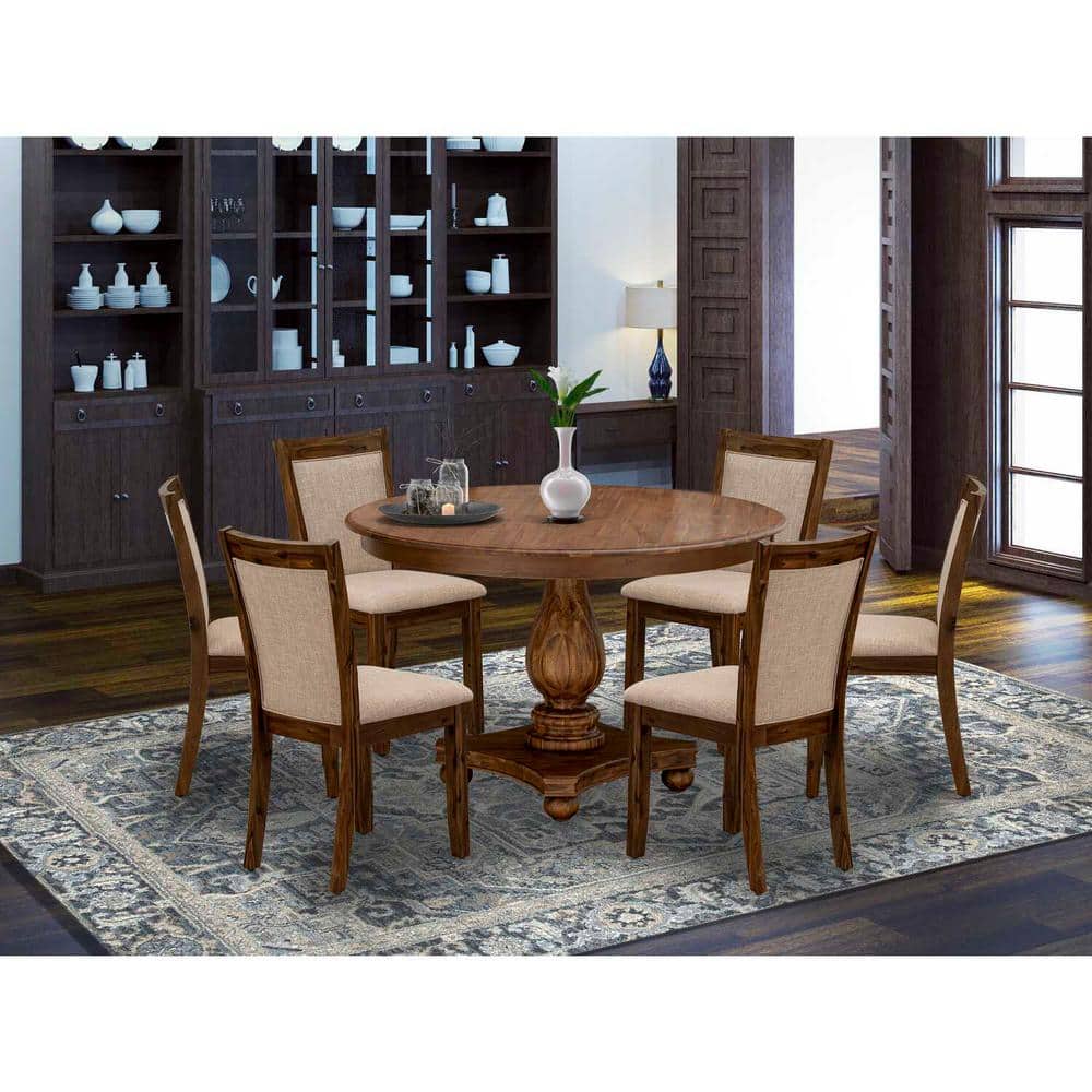 Antique Walnut 48" Round Pedestal Dining Table Set with 6 Light Tan Chairs