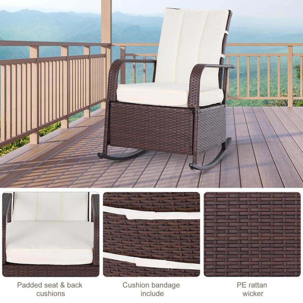 Luxury Beige PE Rattan Outdoor Reclining Rocker with Cushions