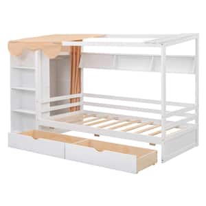 White Wood Frame Twin Size Canopy Bed with Wardrobe and 2 Drawers
