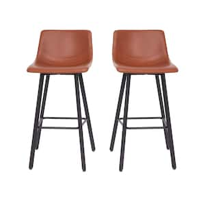 29 in. Cognac LeatherSoft/Black Low Metal Bar Stool with Leather/Faux Leather Seat