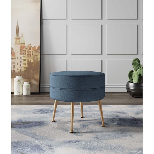 Manhattan Comfort Bailey Mid-Century Modern Blue with Gold Feet Woven Polyester Blend Upholstered Ottoman