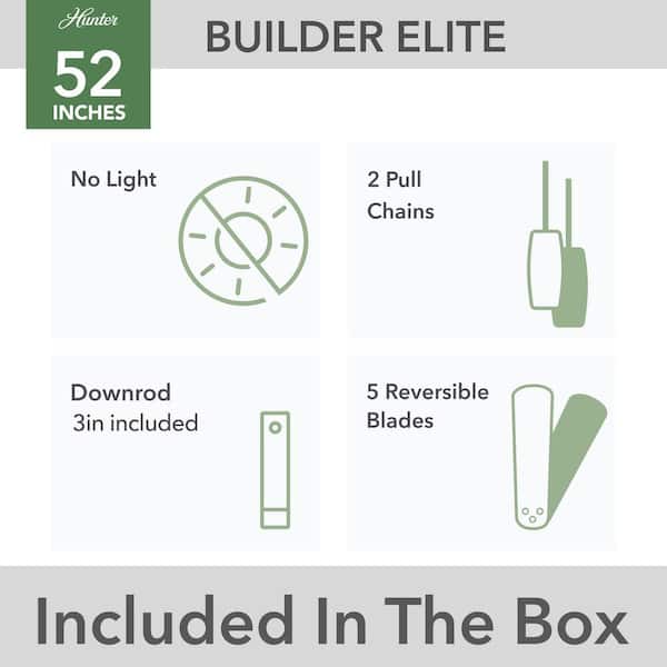 Hunter - Builder Elite 52 in. Indoor Matte Black Ceiling Fan For Bedrooms