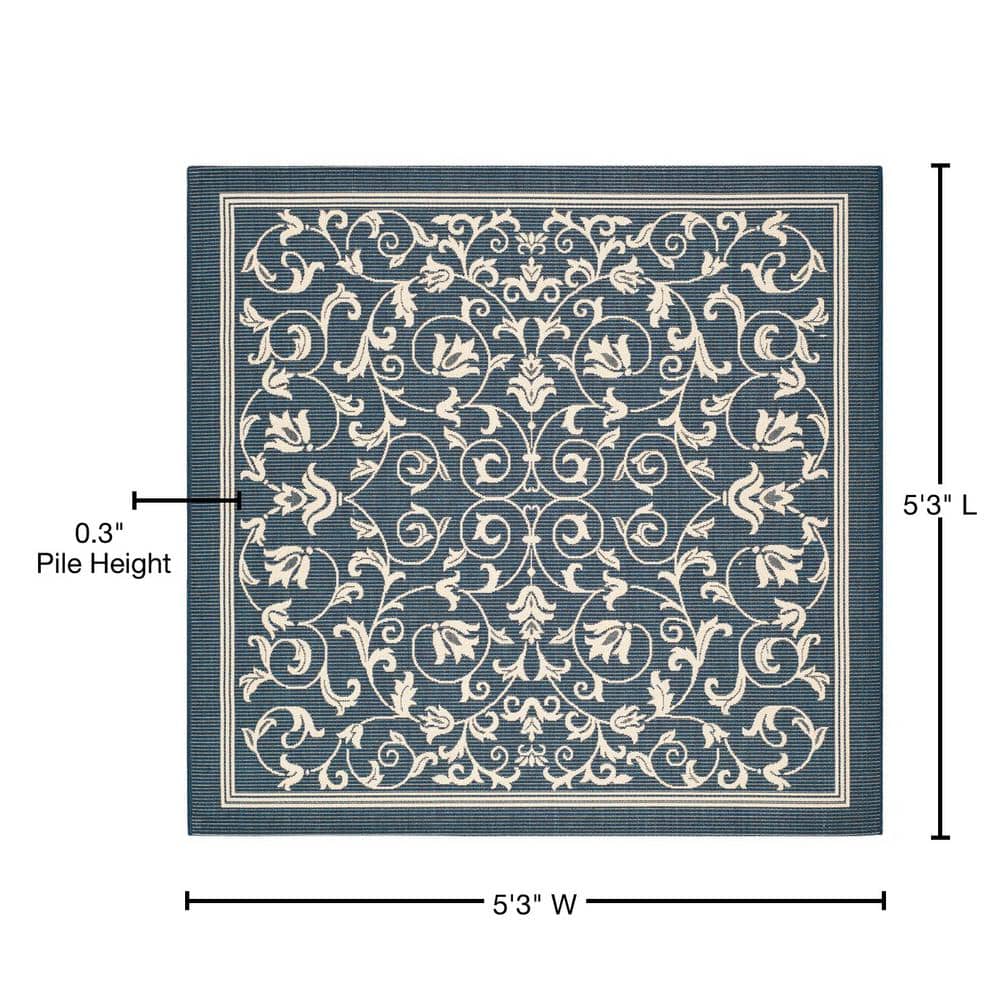 Navy and Beige Square Synthetic Indoor/Outdoor Rug