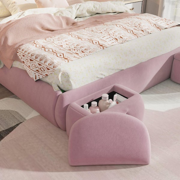 Polibi Pink Wood Frame Full Size Platform Bed with Cartoon Ears Shaped Headboard and Light