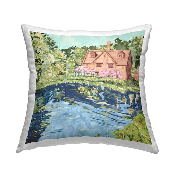 Floral Cottage and Lake Green Floral Polyester 18 in. x 18 in. Throw Pillow