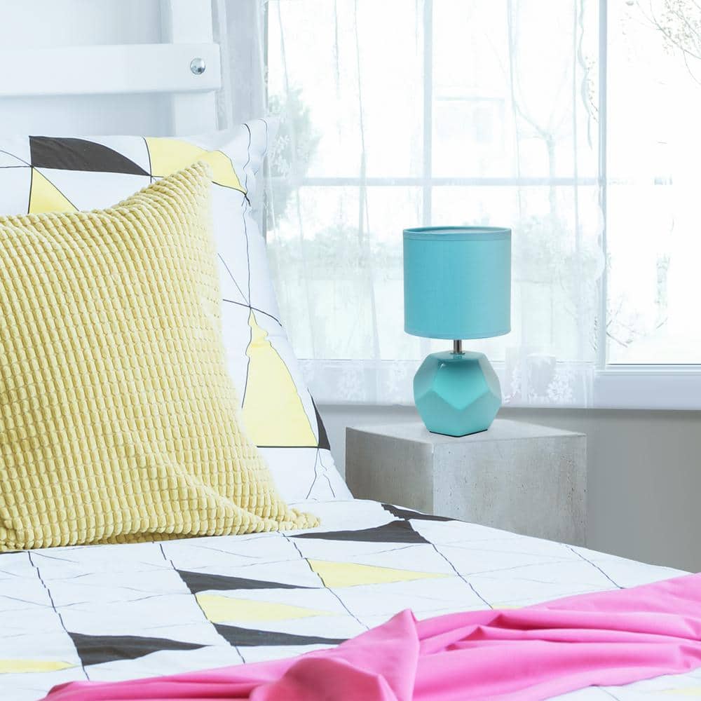Blue Geometric Ceramic Mini Table Lamp with Fabric Shade
