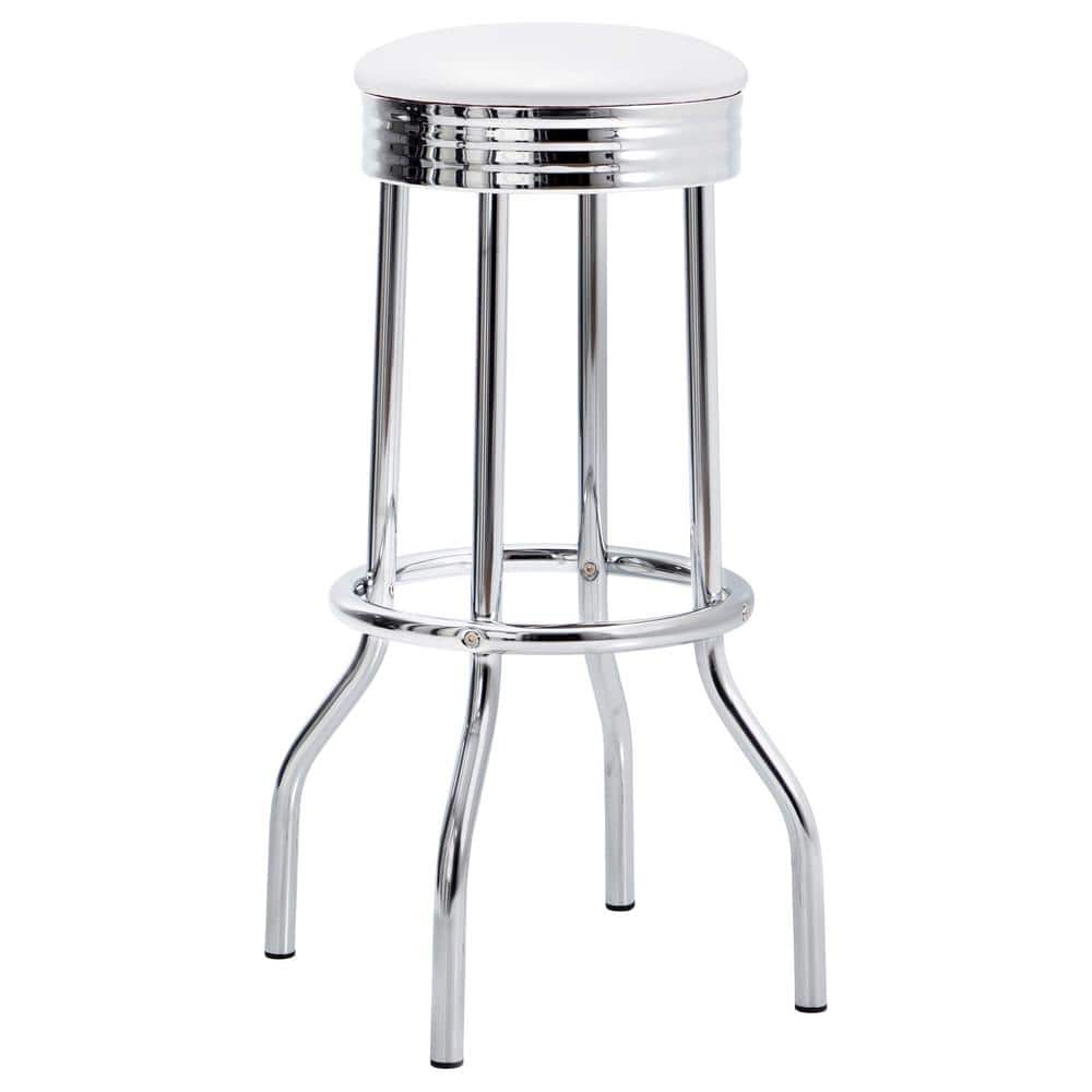 White Faux Leather and Chrome Swivel Bar Stool Set