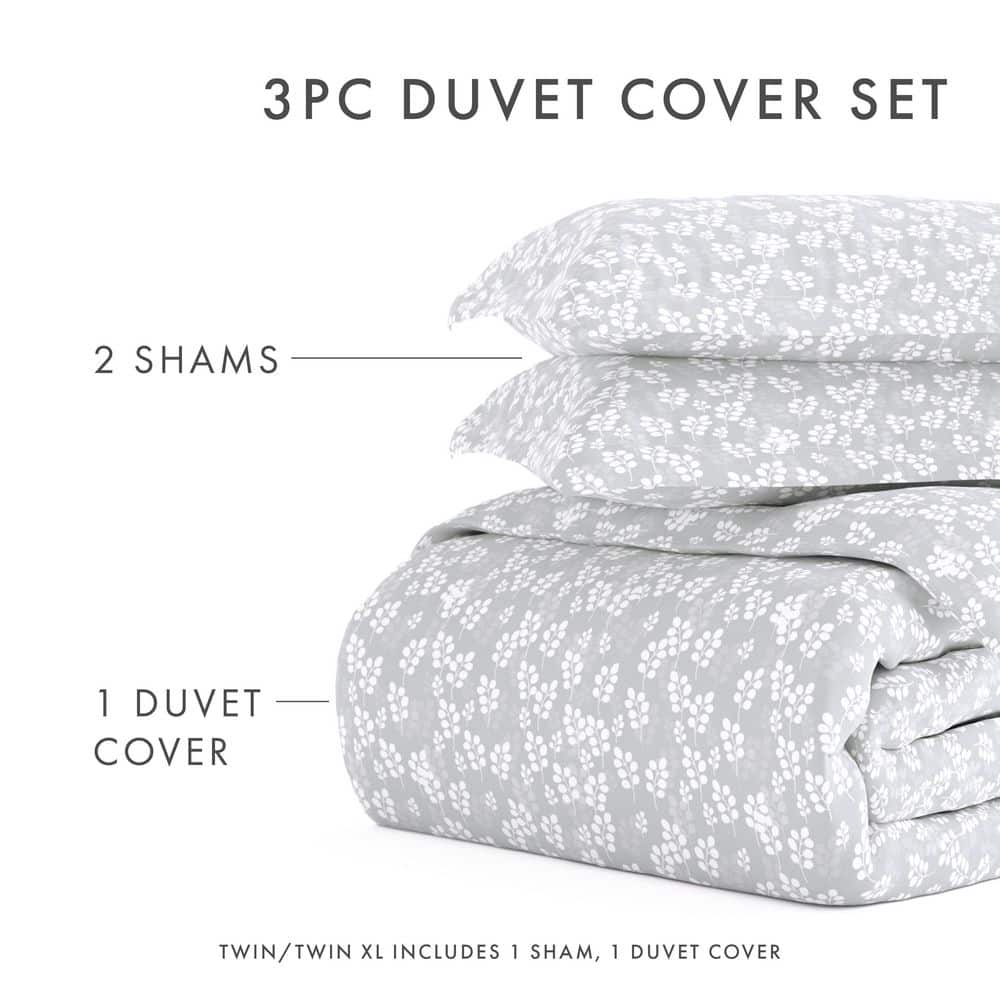Gray Floral Microfiber Queen Duvet Cover Set