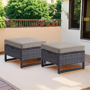 Valenta Brown Wicker Outdoor Ottoman with Gray Cushions (Set Of 2)