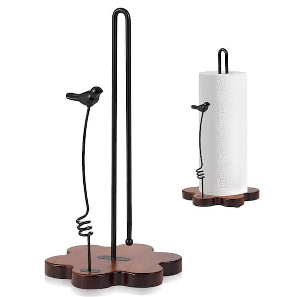 Countertop Wood Paper Towel Holder with Flower-Shaped Base, Decorative Spring Iron Bird Accent and Dual