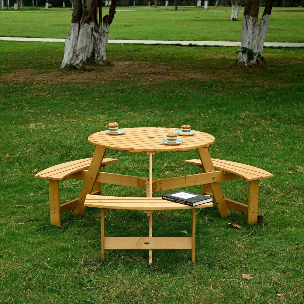 63 in. Light Brown Wood Round Picnic Tables Seats 6 People with 3 Built-in Benches and Umbrella Hole price history on PriceWatchPro
