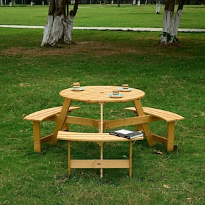 63 in. Light Brown Wood Round Picnic Tables Seats 6 People with 3 Built-in Benches and Umbrella Hole