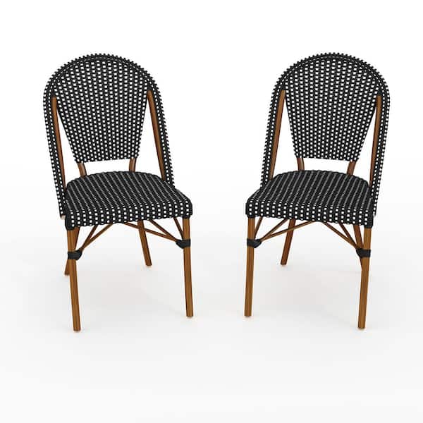 Lily Pond Natural Woodgrain Stackable Aluminum Outdoor Dining Chair in Black/White, Set of 2
