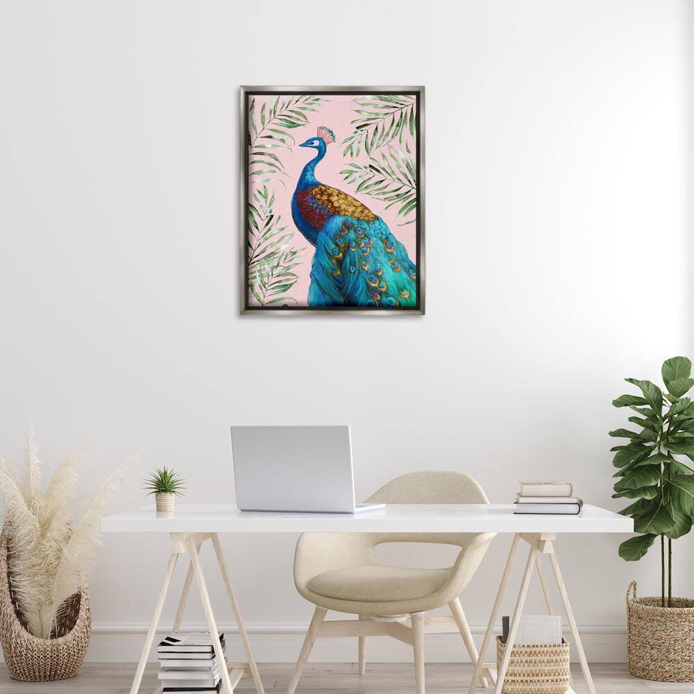 Elegant Peacock and Palm Sprigs by Nan Gray Floater Frame Animal Graphic Art Print 31 in. x 25 in. price history on PriceWatchPro