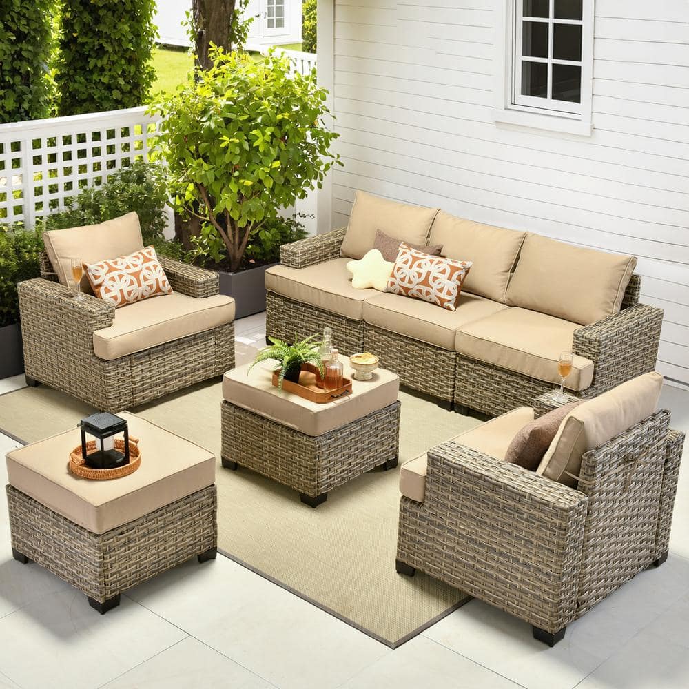 OVIOS Tiberte Gray 7-Piece Wicker Patio Conversation Seating Set with ...