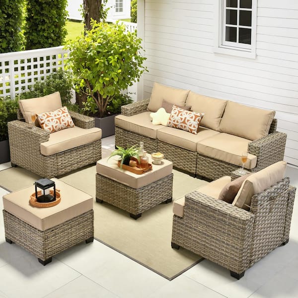 OVIOS Tiberte Gray 7-Piece Wicker Patio Conversation Seating Set with Beige Cushions