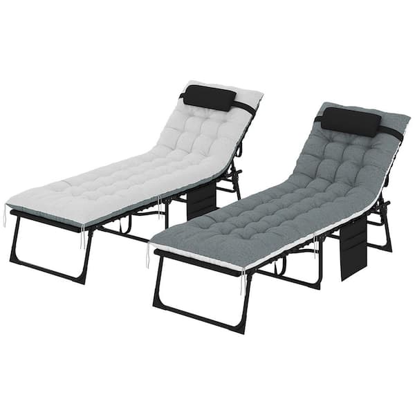 2-Piece Metal Folding Outdoor Chaise Lounge Chair with Black/Gray Cushion, Headrest and Side Pocket, 5-Level Adjustable