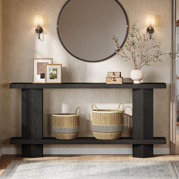 Benjamin 71 in. Long Black Rectangle Wood Console Table, Farmhouse Entryway Table Behind Couch Sofa Table
